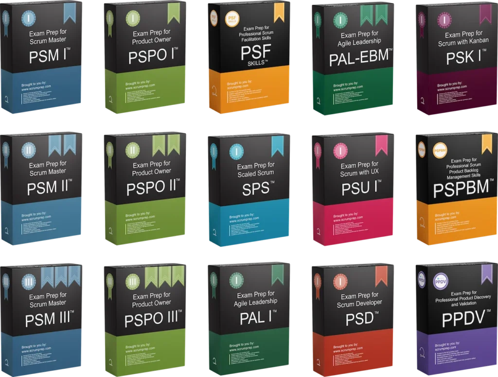 PSM I/II/III, PSPO I/II/III, SPS, PSU I, PSD, PSK I, PAL I, PAL-EBM, PSF Skills, PSPBM, PPDV Practice Tests